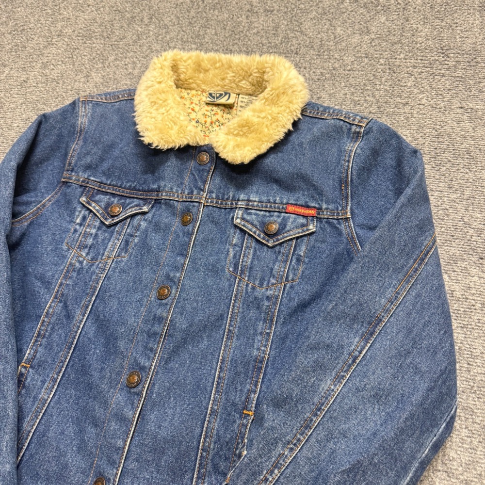 VTG Roxy Quilted Denim Jean Jacket Womens L Sherpa Collar Blue Y2K Lined